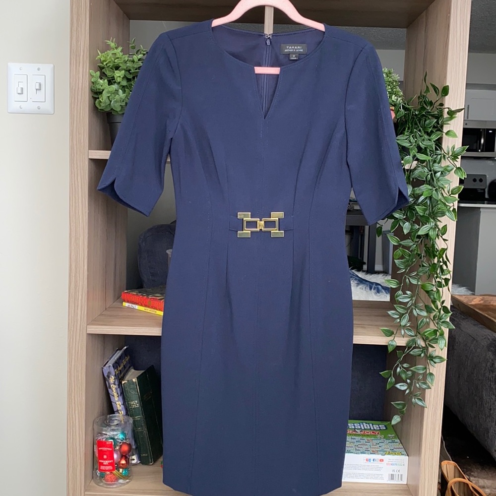Tahari navy blue and gold detail dress size 2